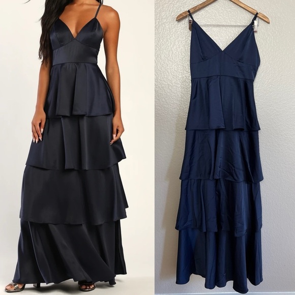 NWOT Going with Elegance Navy Blue Satin Tiered Maxi Dress - Picture 1 of 9